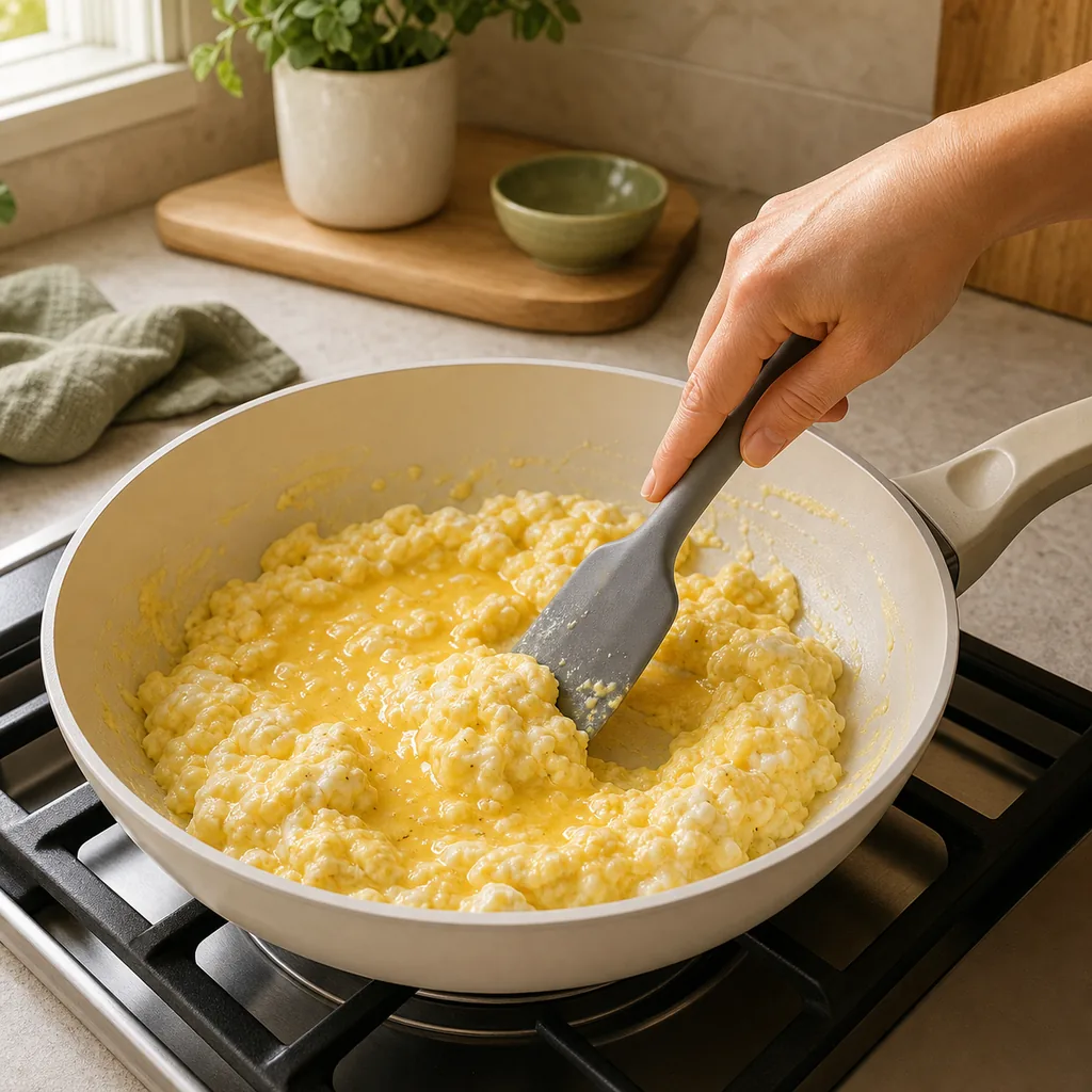 Cottage cheese scrambled eggs cooking gently in a skillet