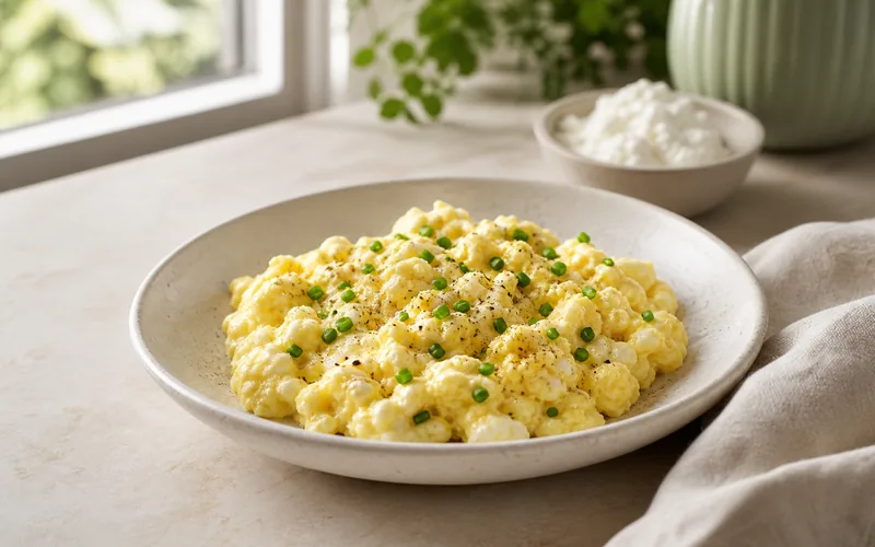 Cottage cheese scrambled eggs served with chives and black pepper