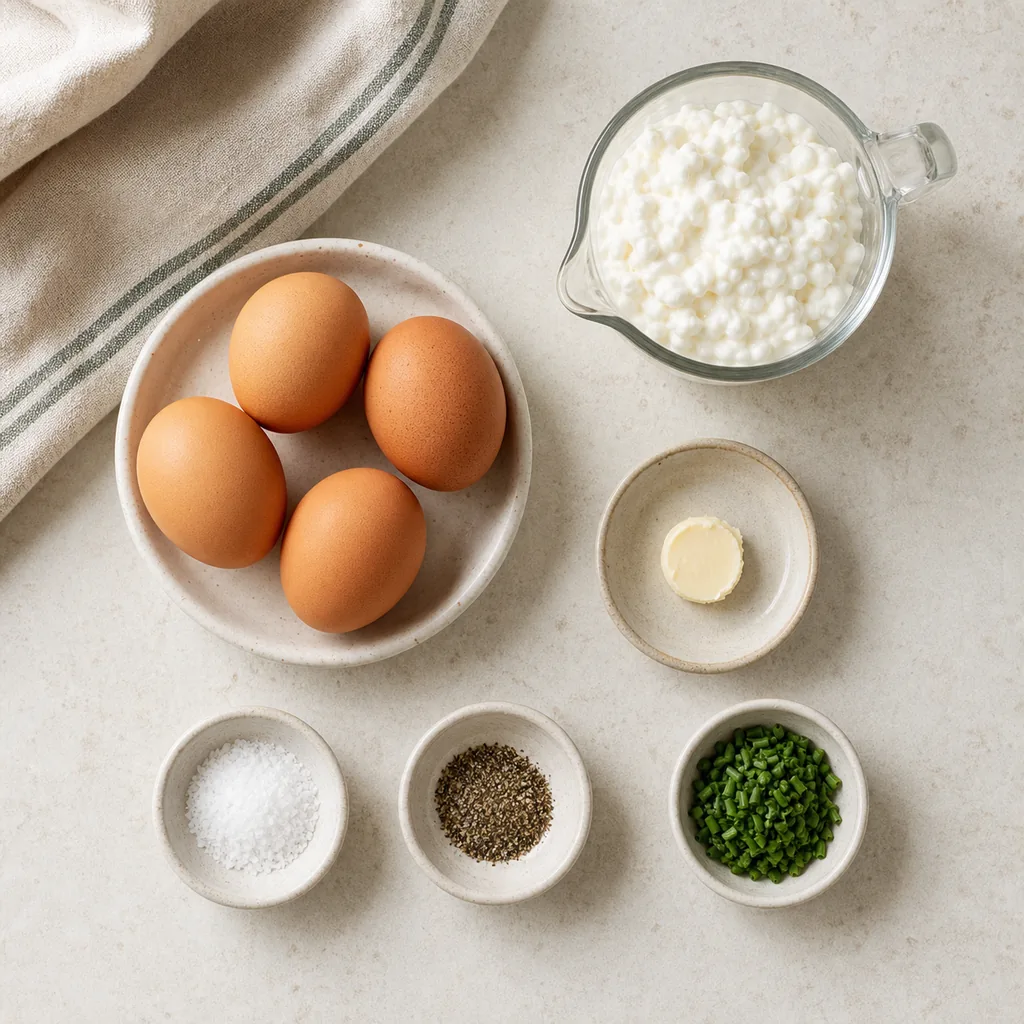 Four eggs, cottage cheese, butter, salt, pepper, and chives for scrambled eggs