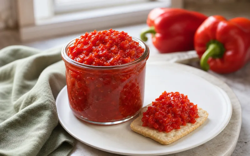 Sugar-free roasted red pepper jam in a glass jar