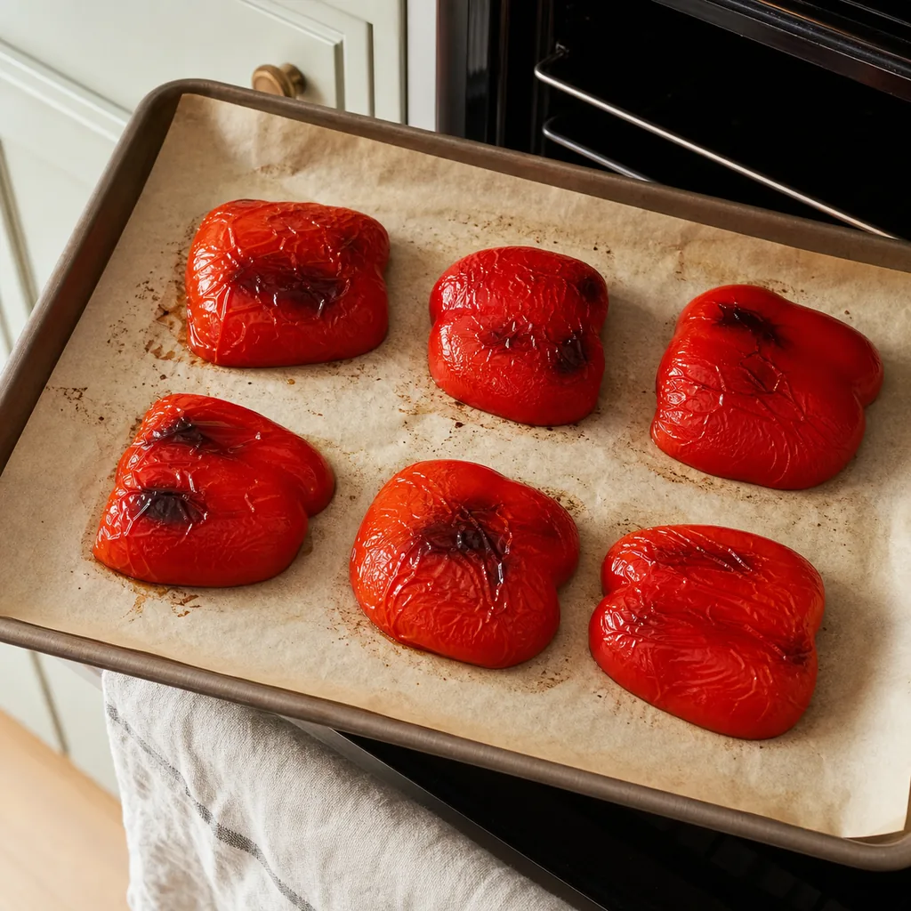 Roasted red pepper halves with blistered skins