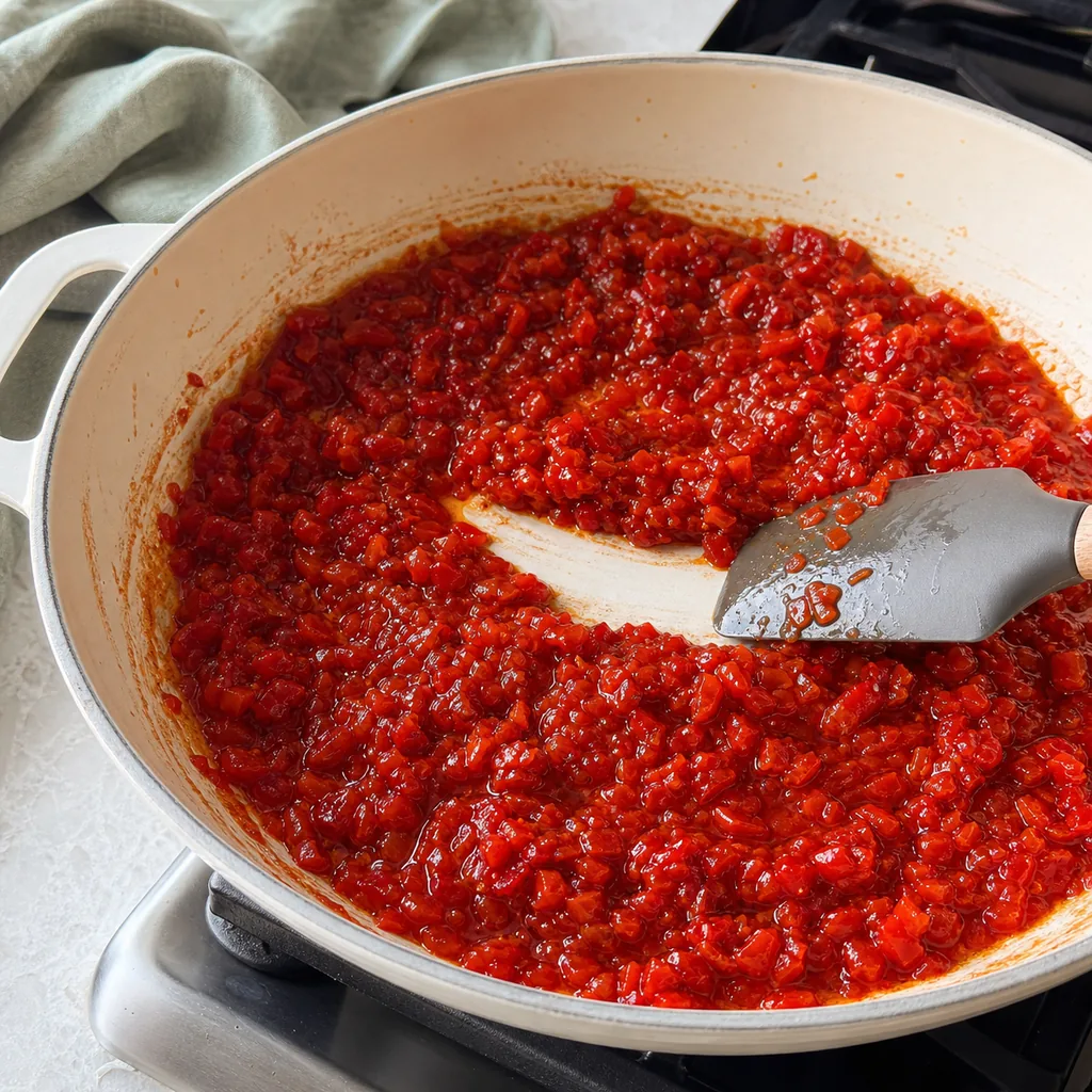 Roasted red pepper jam simmering until thick