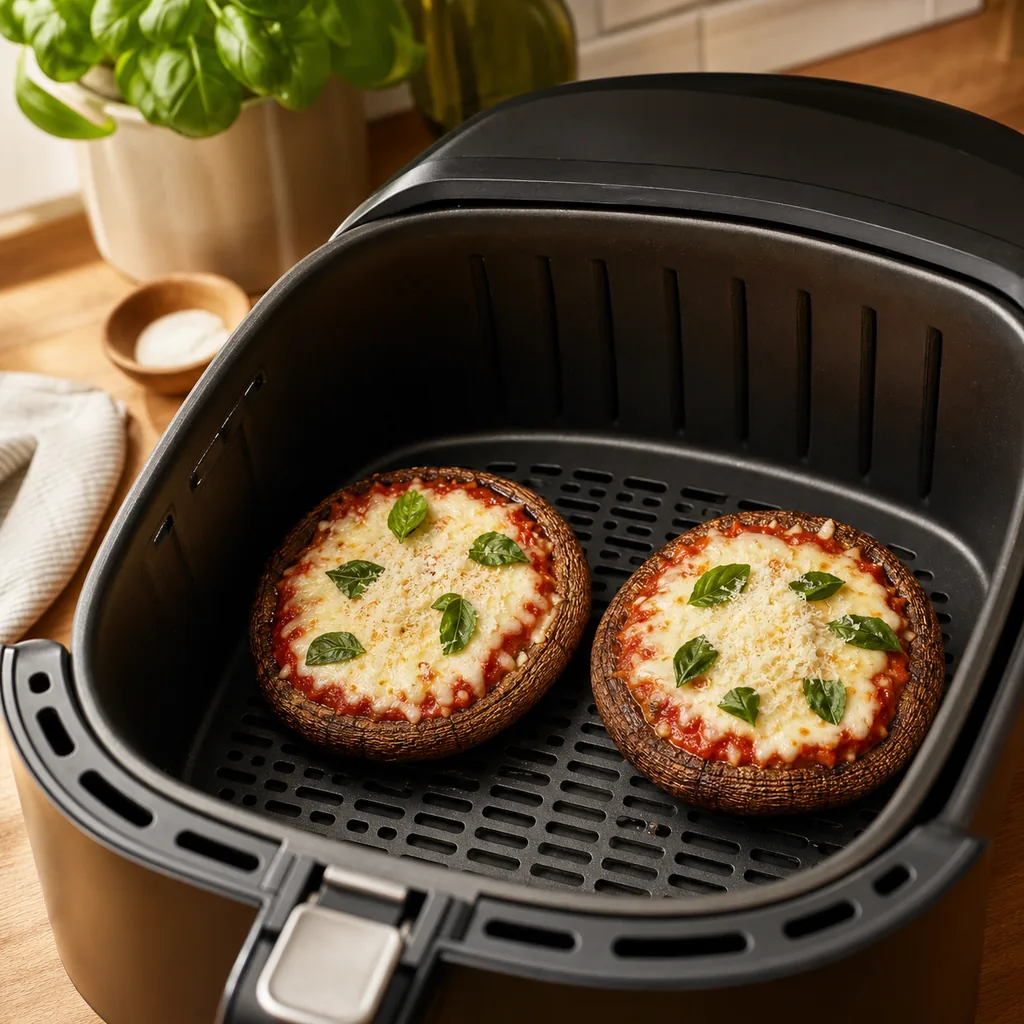 Portobello mushroom pizzas cooking in an air fryer