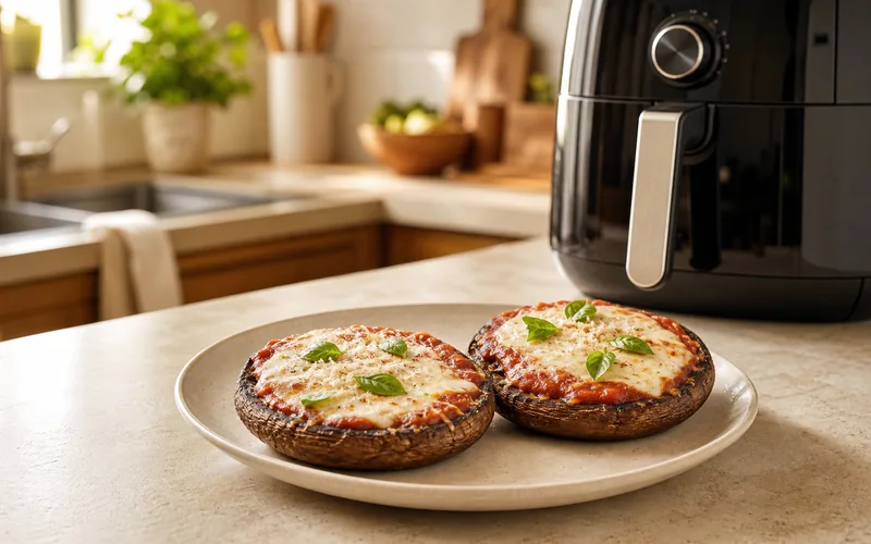 Two keto air fryer portobello mushroom pizzas