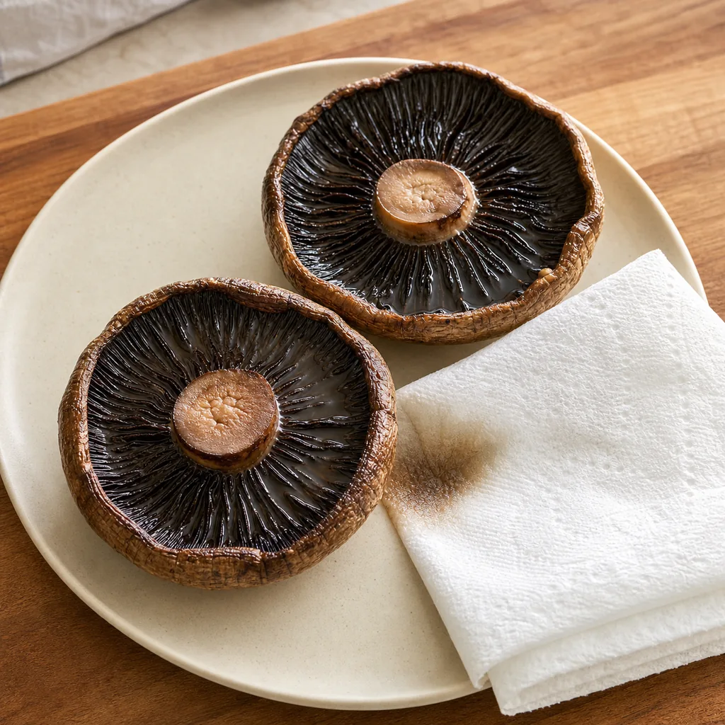 Pre-cooked portobello caps ready to be blotted