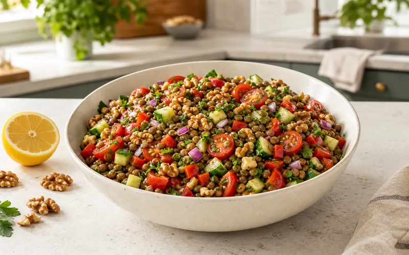High-protein lentil and walnut salad