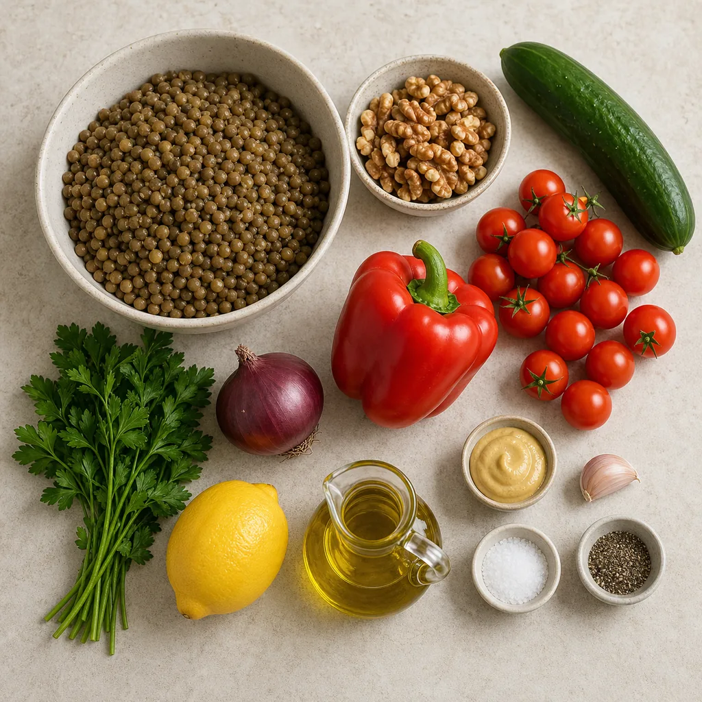 Ingredients for lentil and walnut salad