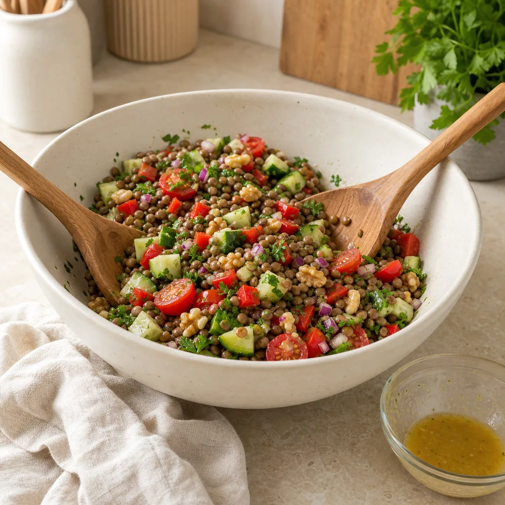 Lentil and walnut salad being mixed with dressing