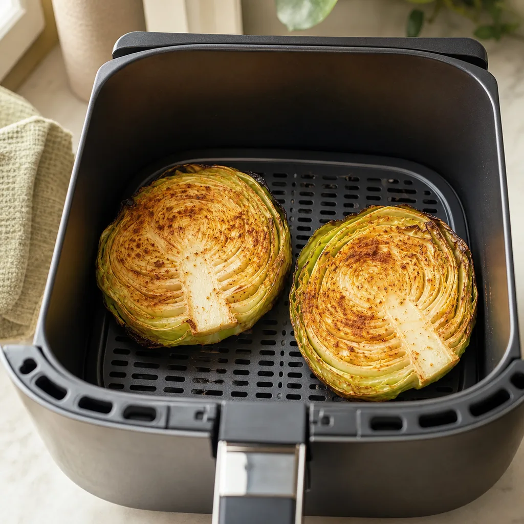 Two cabbage steaks cooking in an air fryer