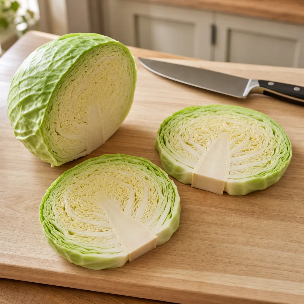 Cabbage steaks sliced with the core intact
