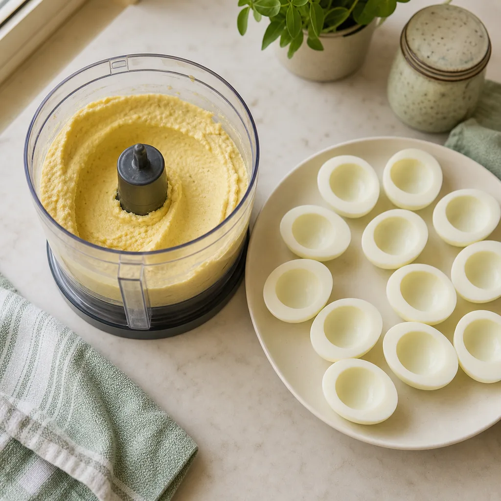 Cottage cheese deviled egg filling in a food processor