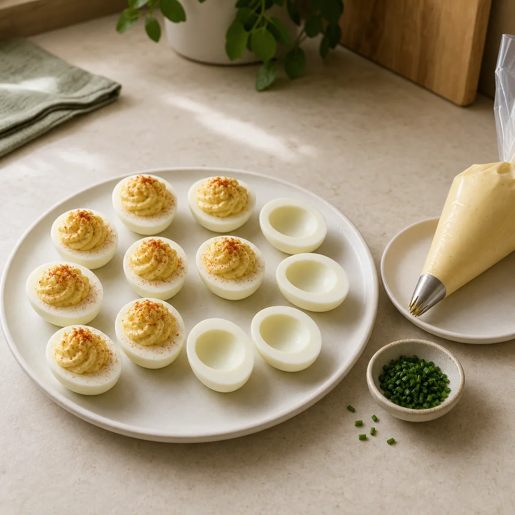 Deviled egg whites being filled with cottage cheese mixture