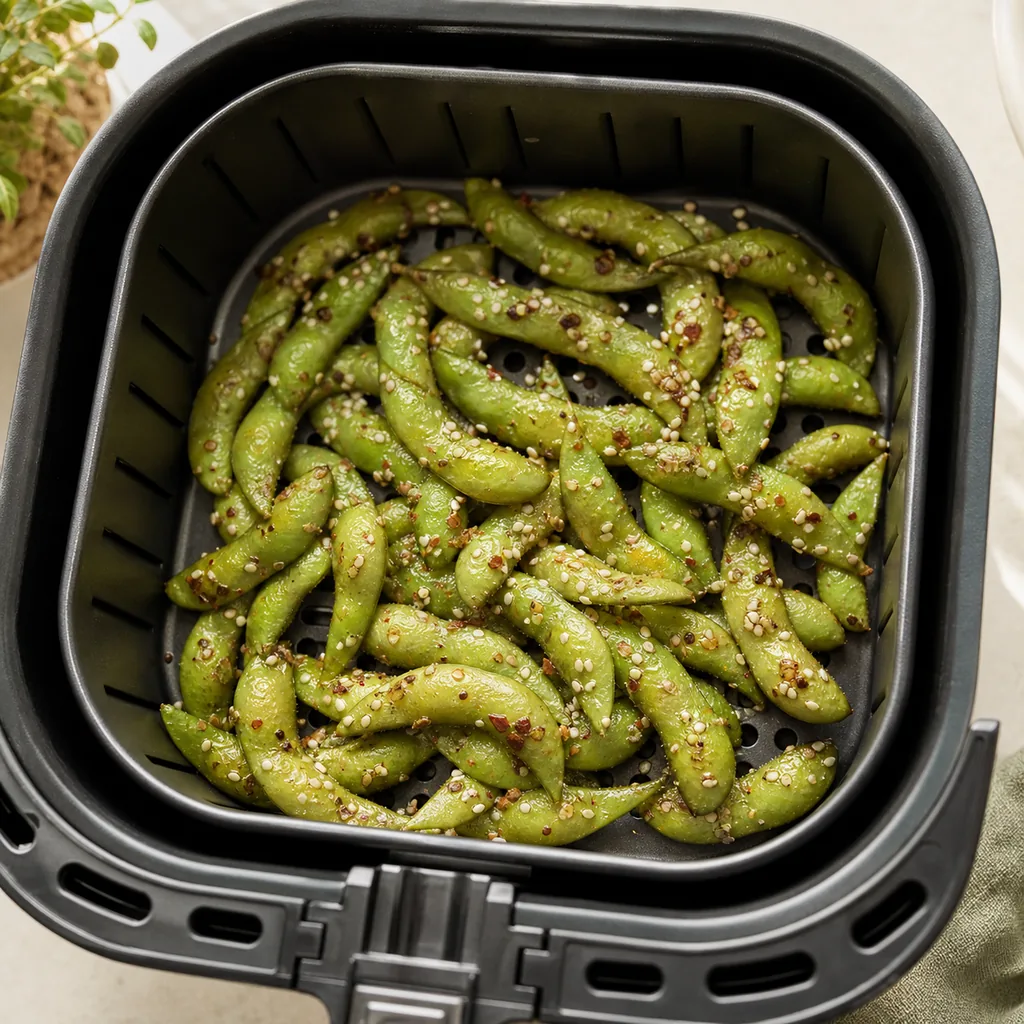 Garlic sesame edamame cooking in an air fryer