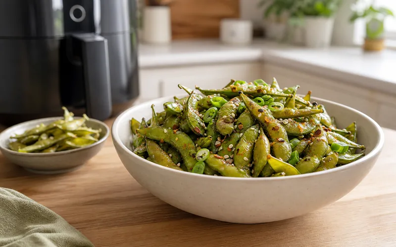Air fryer edamame with garlic and sesame