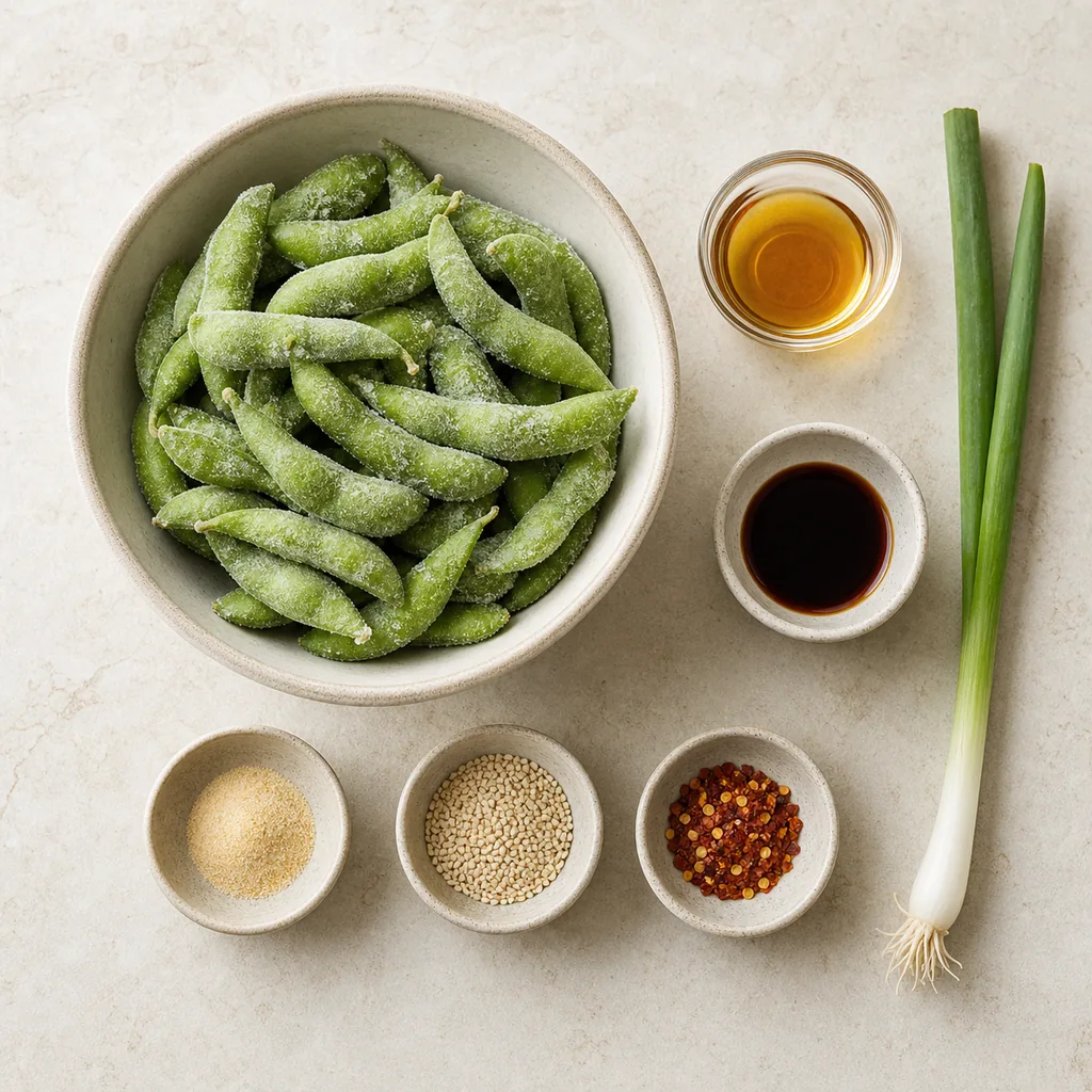 Ingredients for garlic sesame air fryer edamame