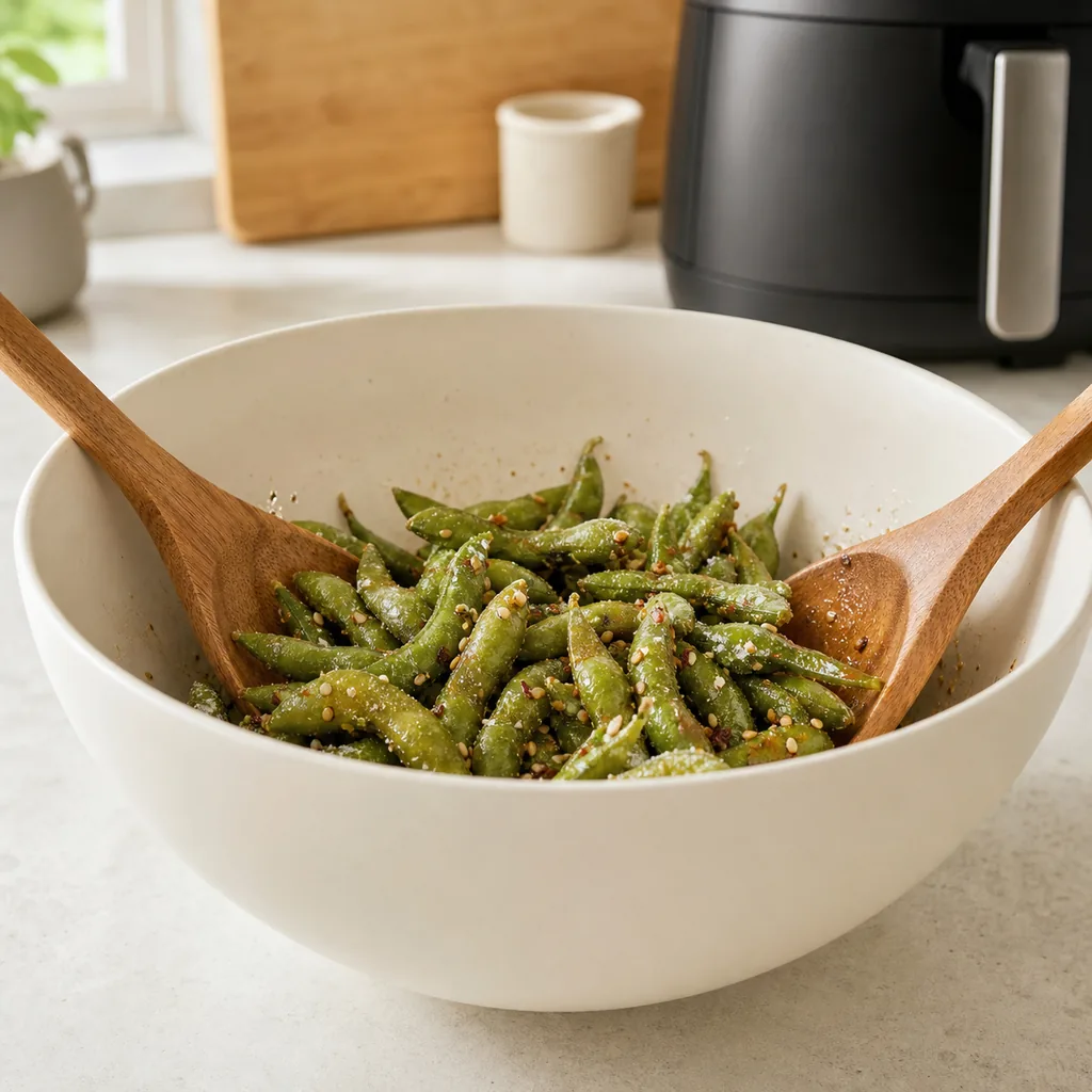 Frozen edamame pods being coated with seasonings