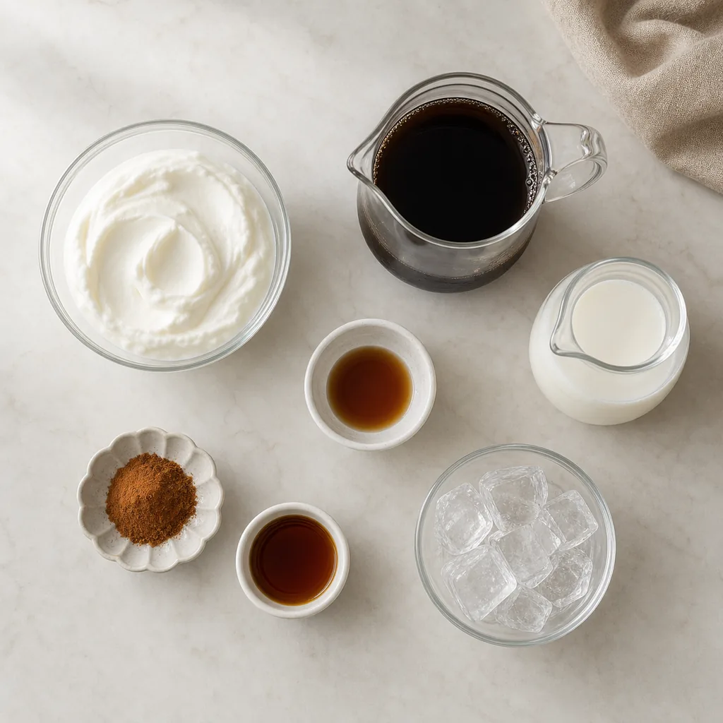 Ingredients for high-protein Greek yogurt iced coffee