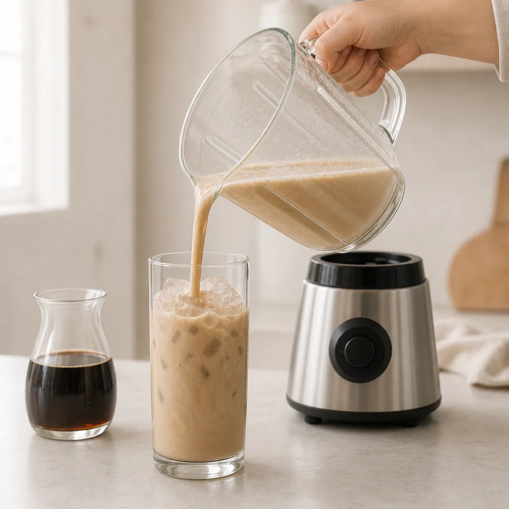 Blended Greek yogurt iced coffee poured over ice