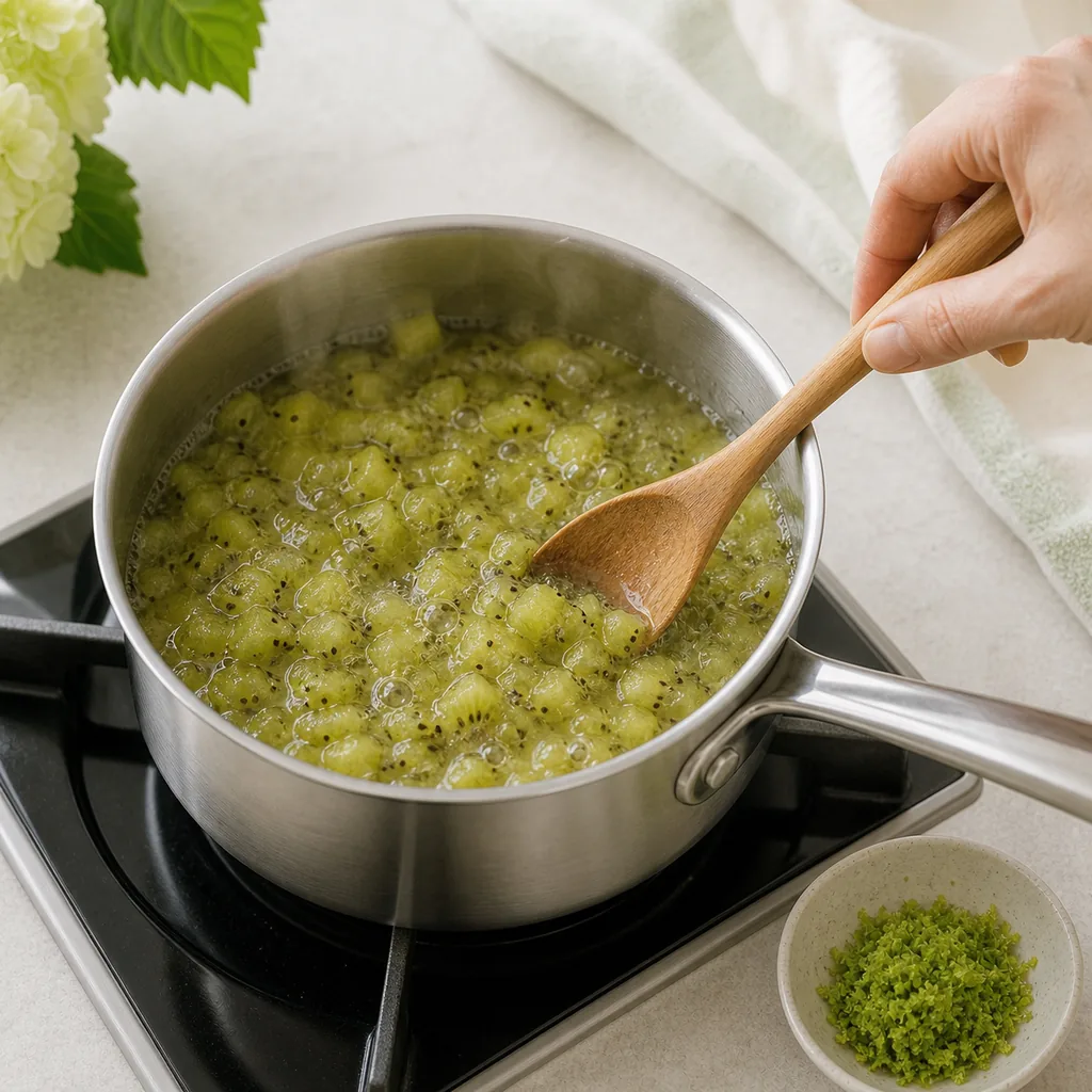 Kiwi lime jam gently simmering in a saucepan