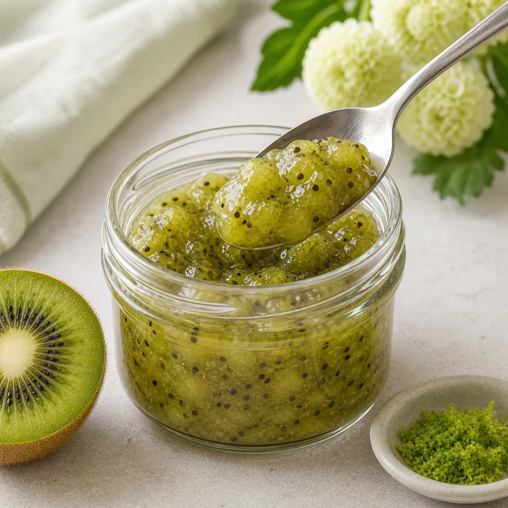 Spoonable texture of cooled kiwi lime jam