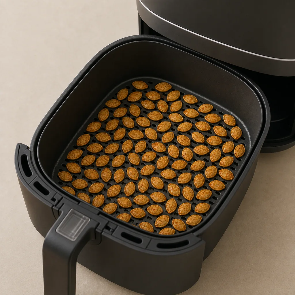 Pumpkin seeds arranged in one air fryer basket layer