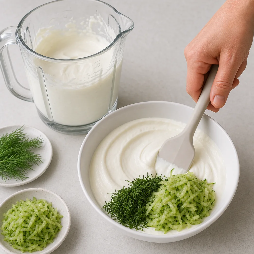 Smooth cottage cheese base folded with cucumber and dill