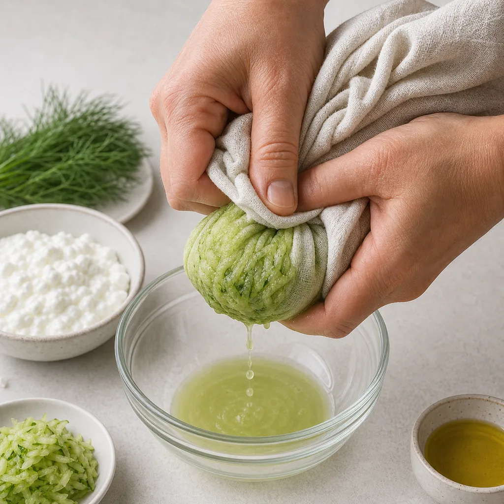 Grated cucumber being squeezed dry in a towel