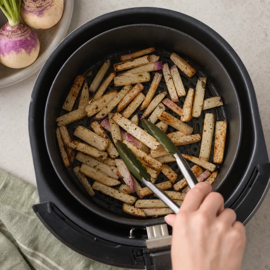 Turnip fries cooking in one air fryer layer