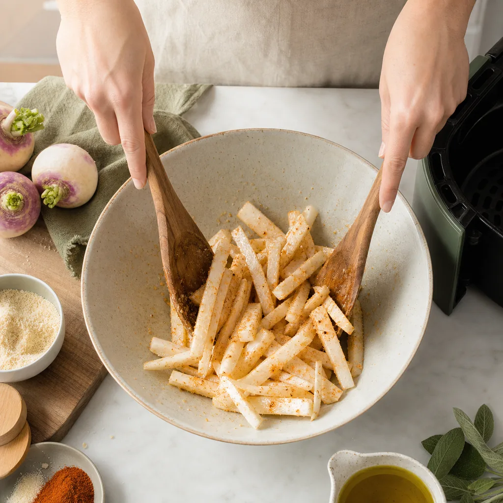 Turnip batons tossed with oil and seasonings