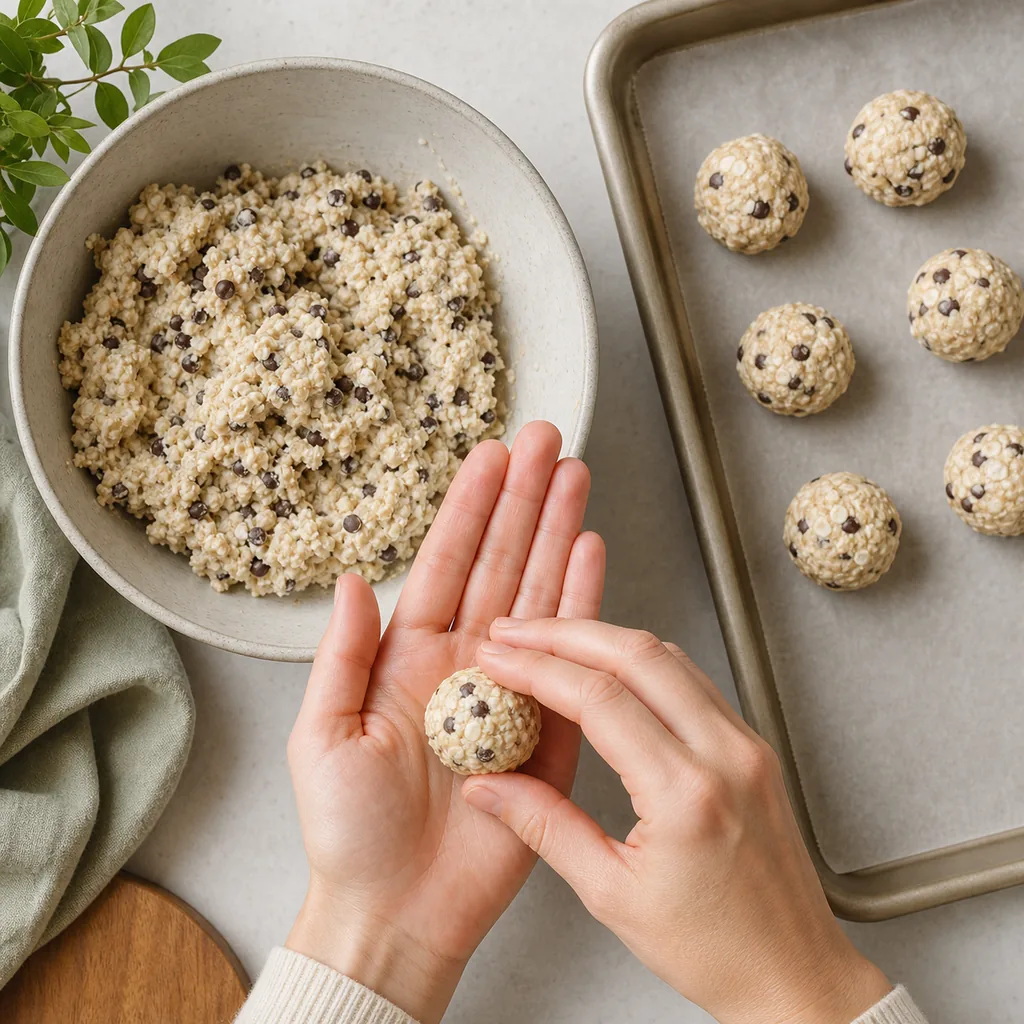 Rolling chilled cottage cheese chocolate chip balls