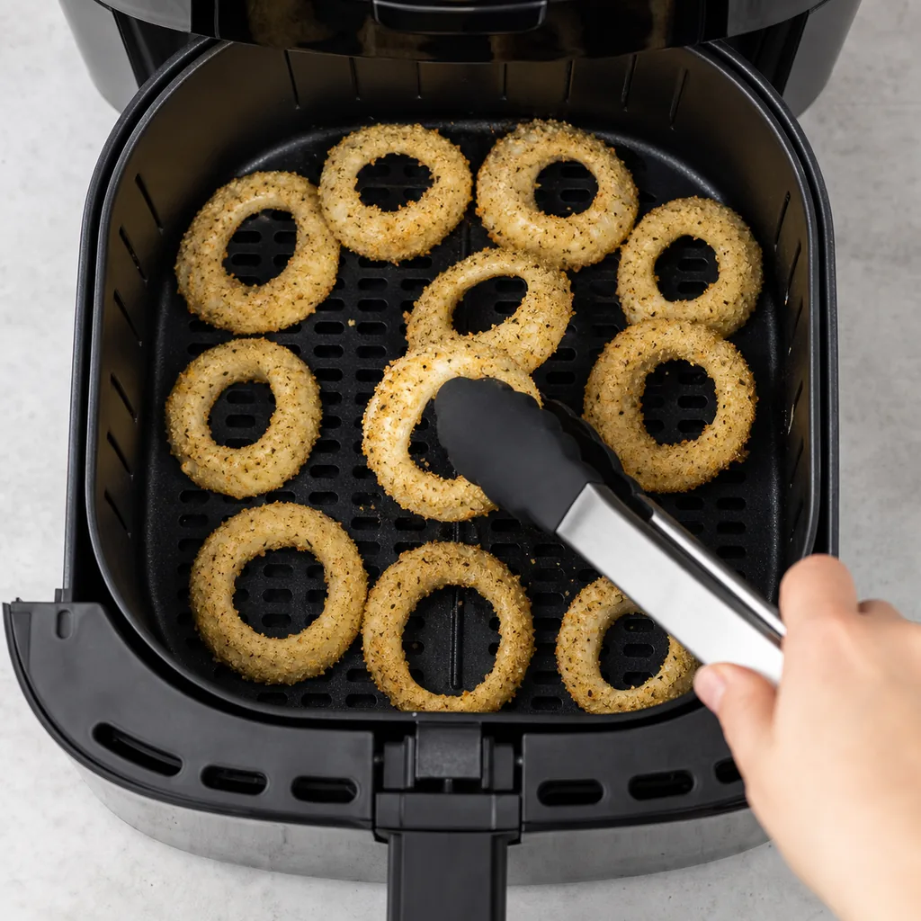 Keto onion rings arranged in an air fryer basket