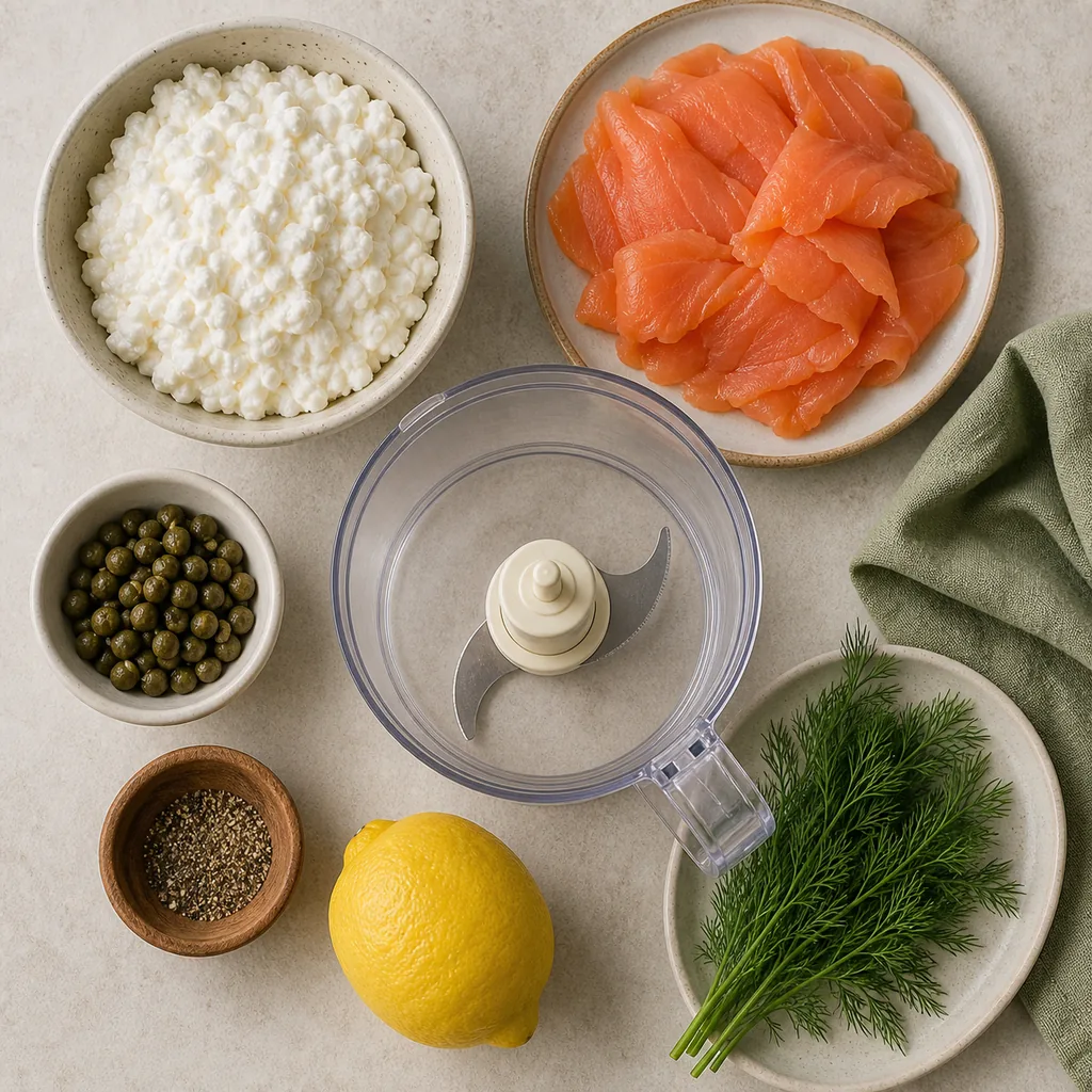 Ingredients for cottage cheese smoked salmon dip