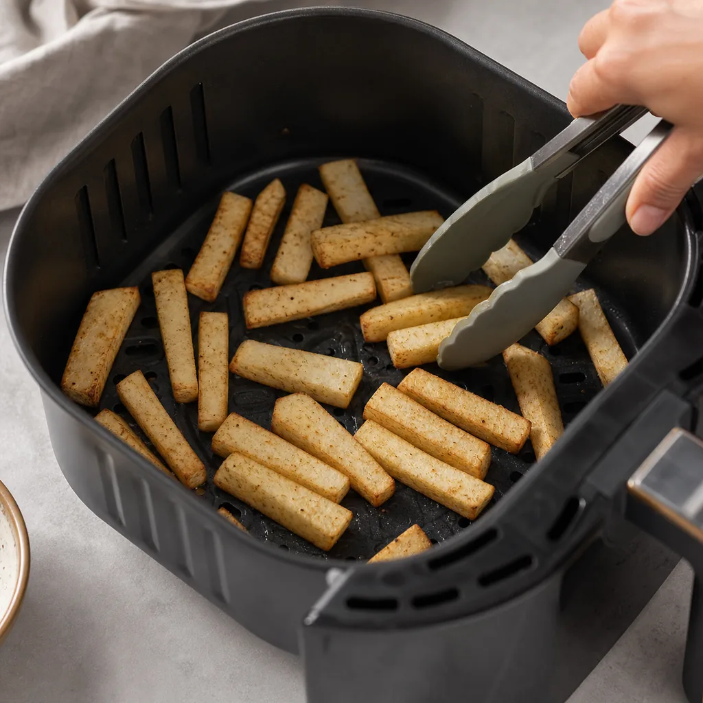 Jicama fries arranged in an air fryer basket