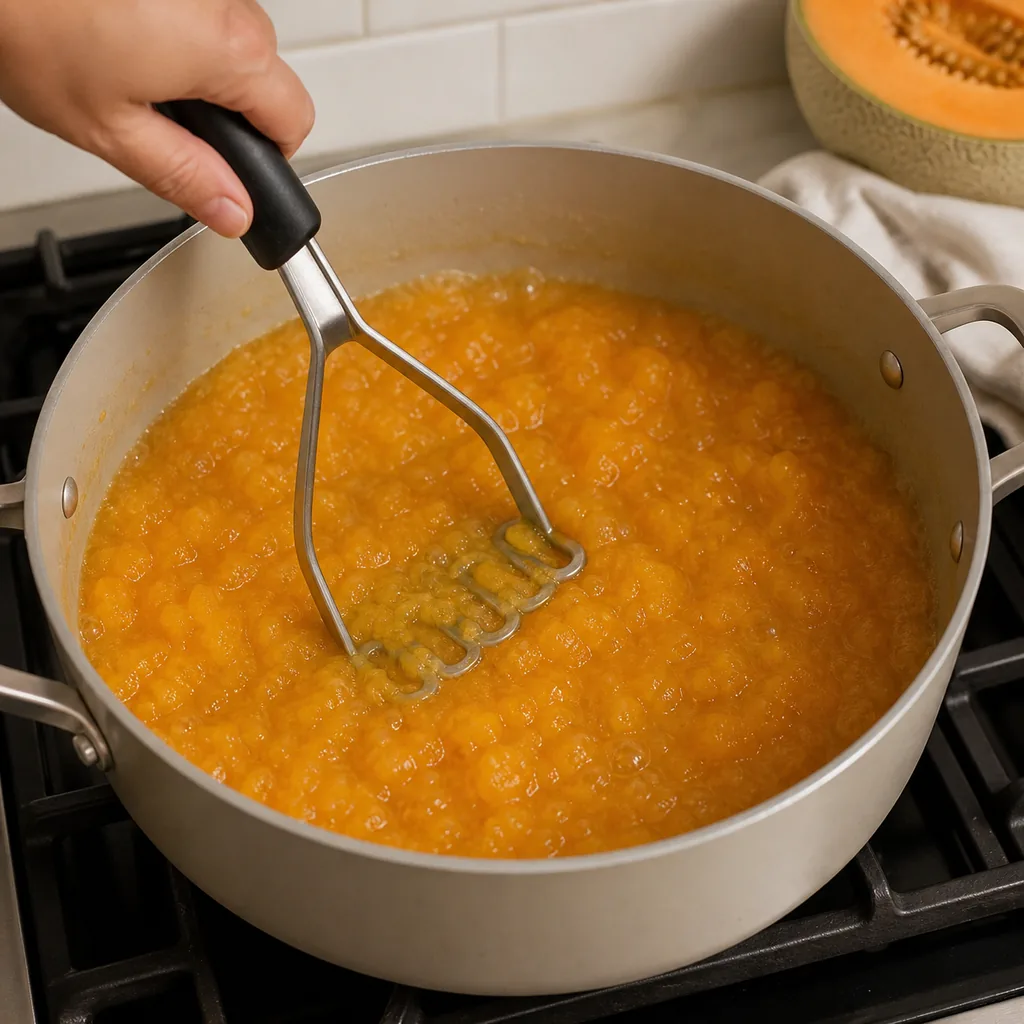 Mashing cantaloupe jam in a saucepan