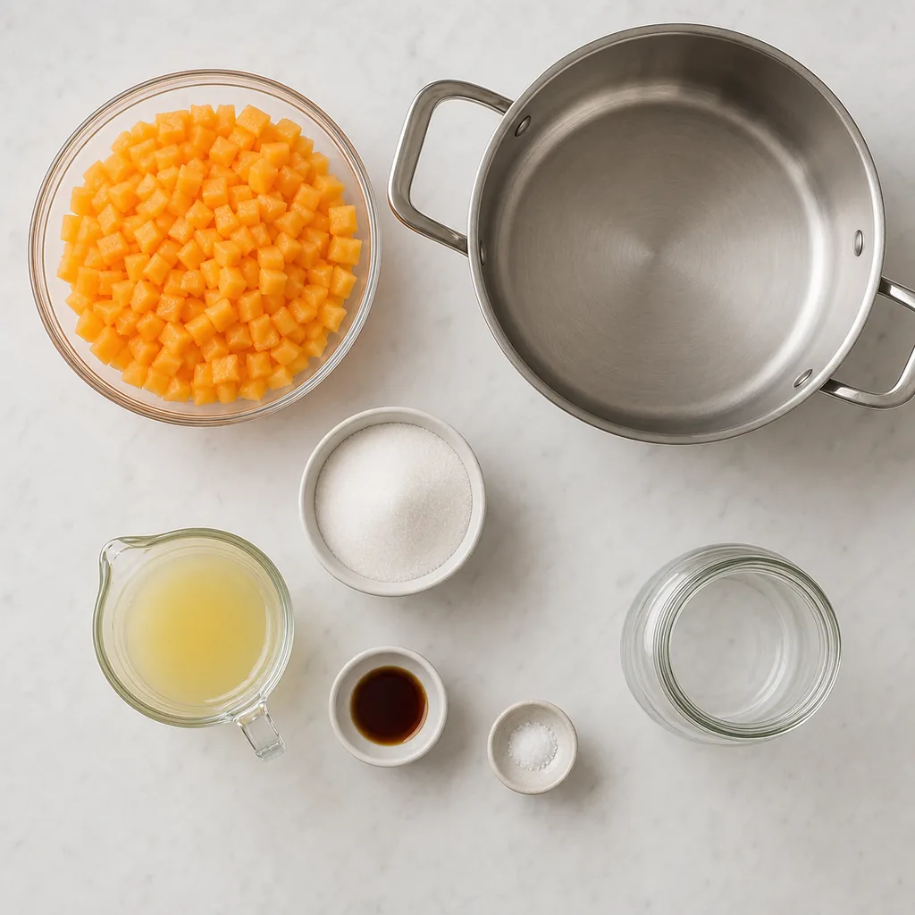 Ingredients for sugar-free cantaloupe vanilla jam