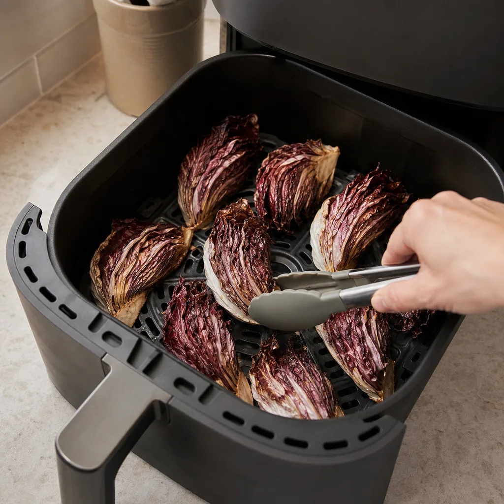 Radicchio wedges cooking in an air fryer