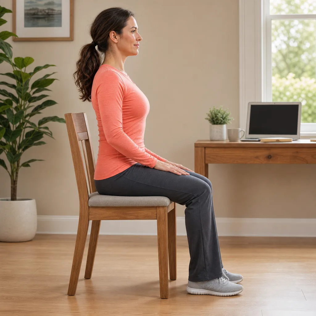 Safe seated pelvic tilt setup on a stable chair