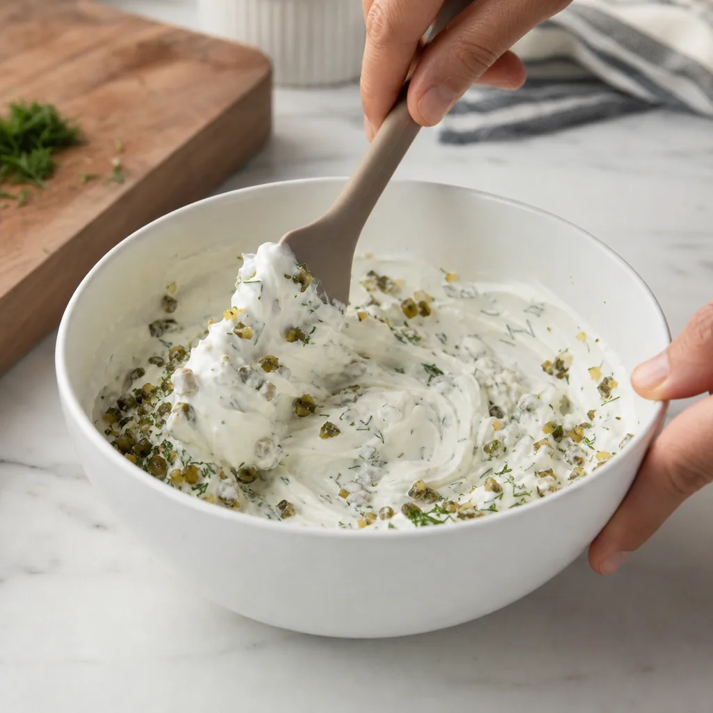 Mixing Greek yogurt tartar sauce