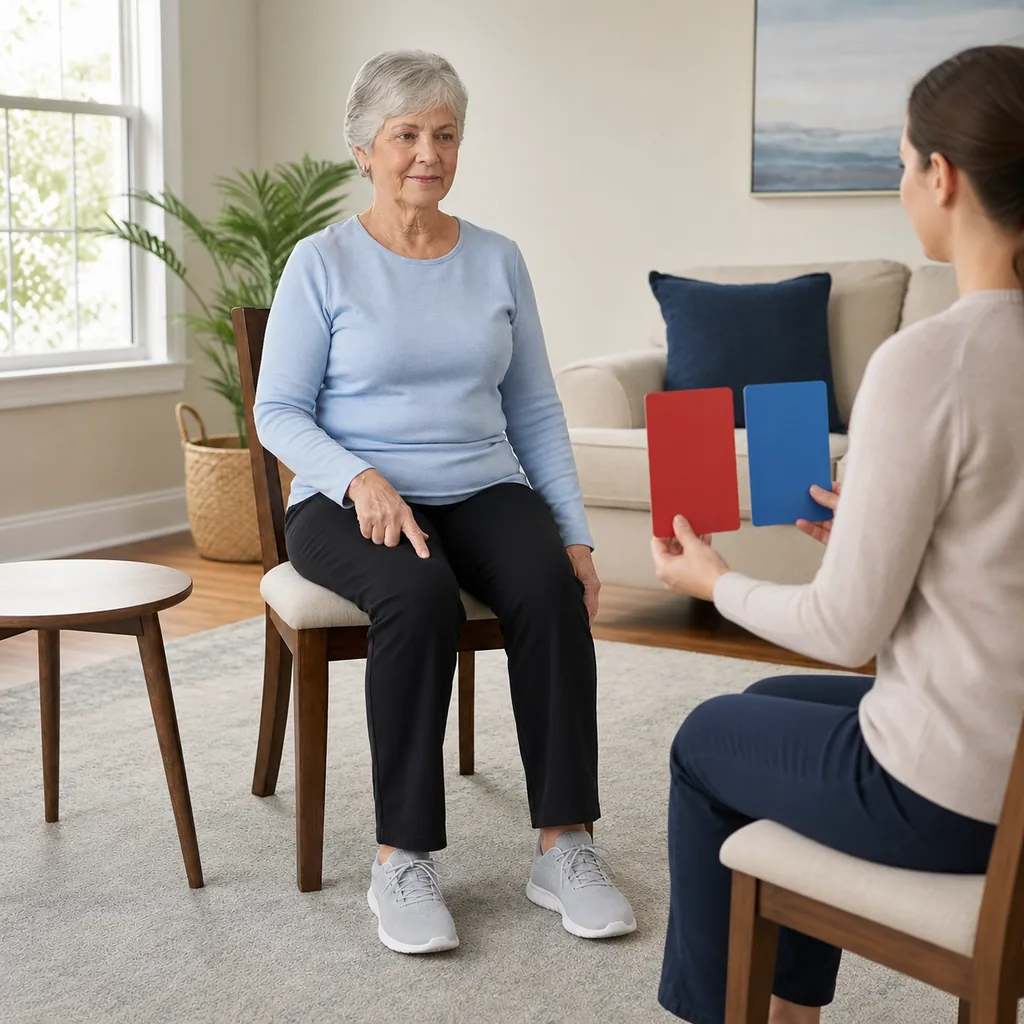 Senior responding to red and blue cards with a thigh tap