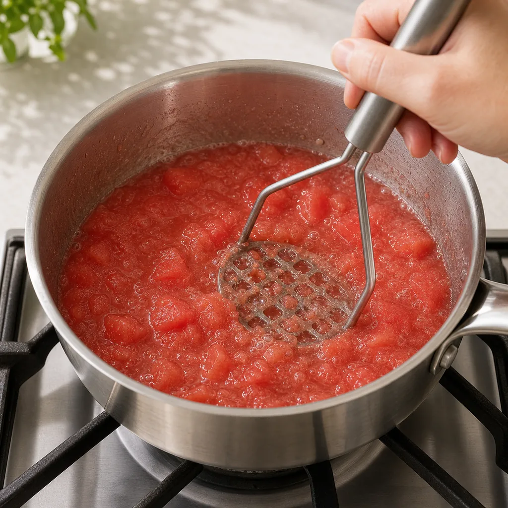 Watermelon jam reducing and being mashed in a saucepan