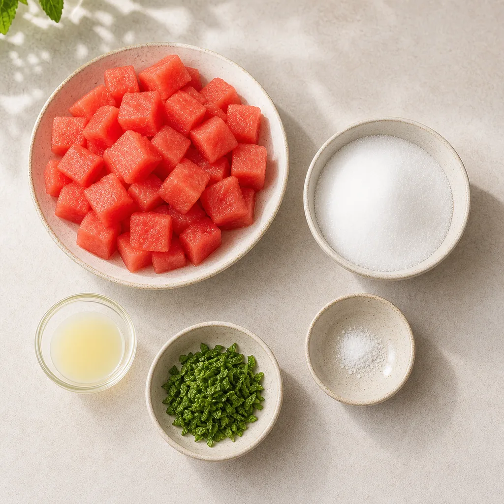 Measured ingredients for sugar-free watermelon mint jam