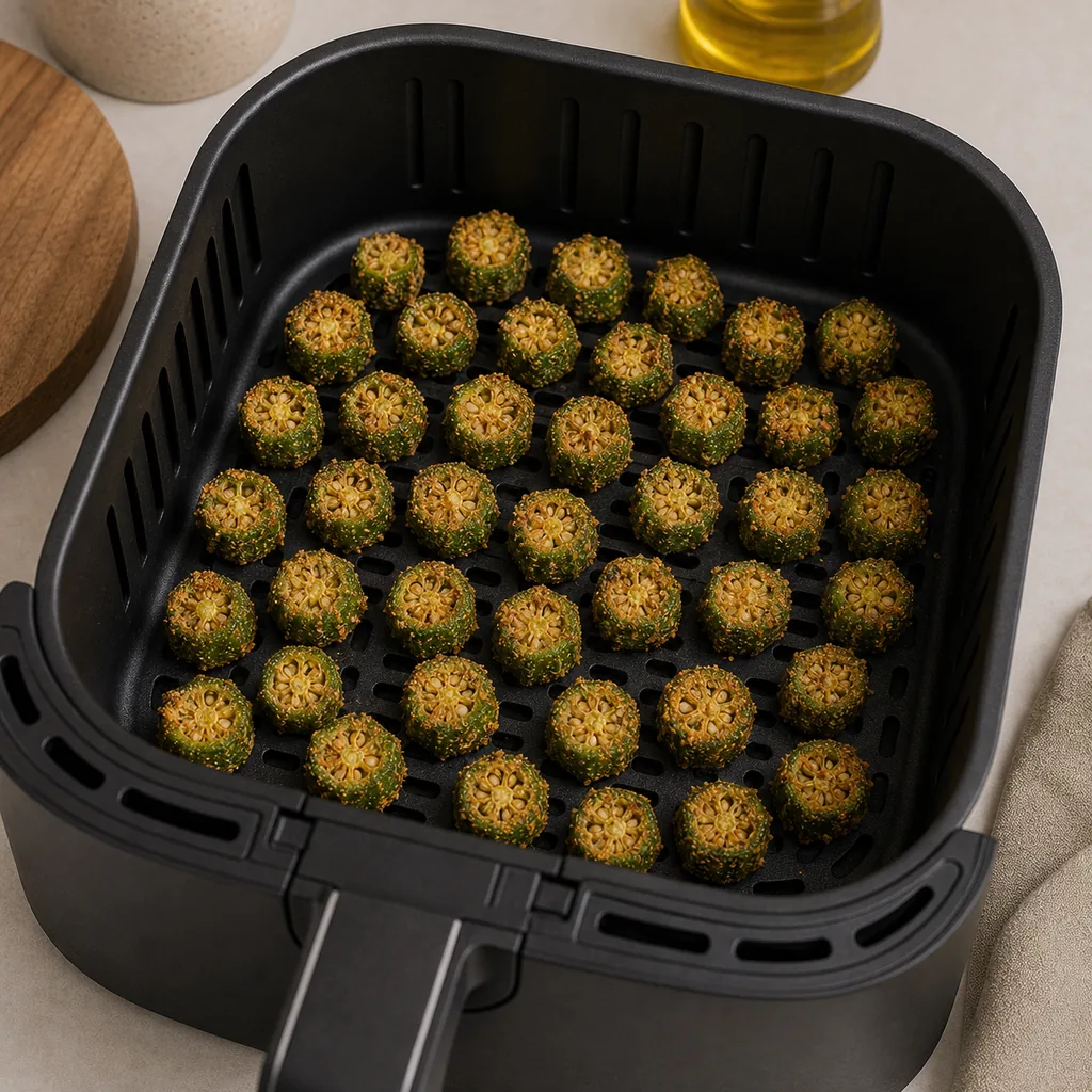 Coated okra bites arranged in one air-fryer layer