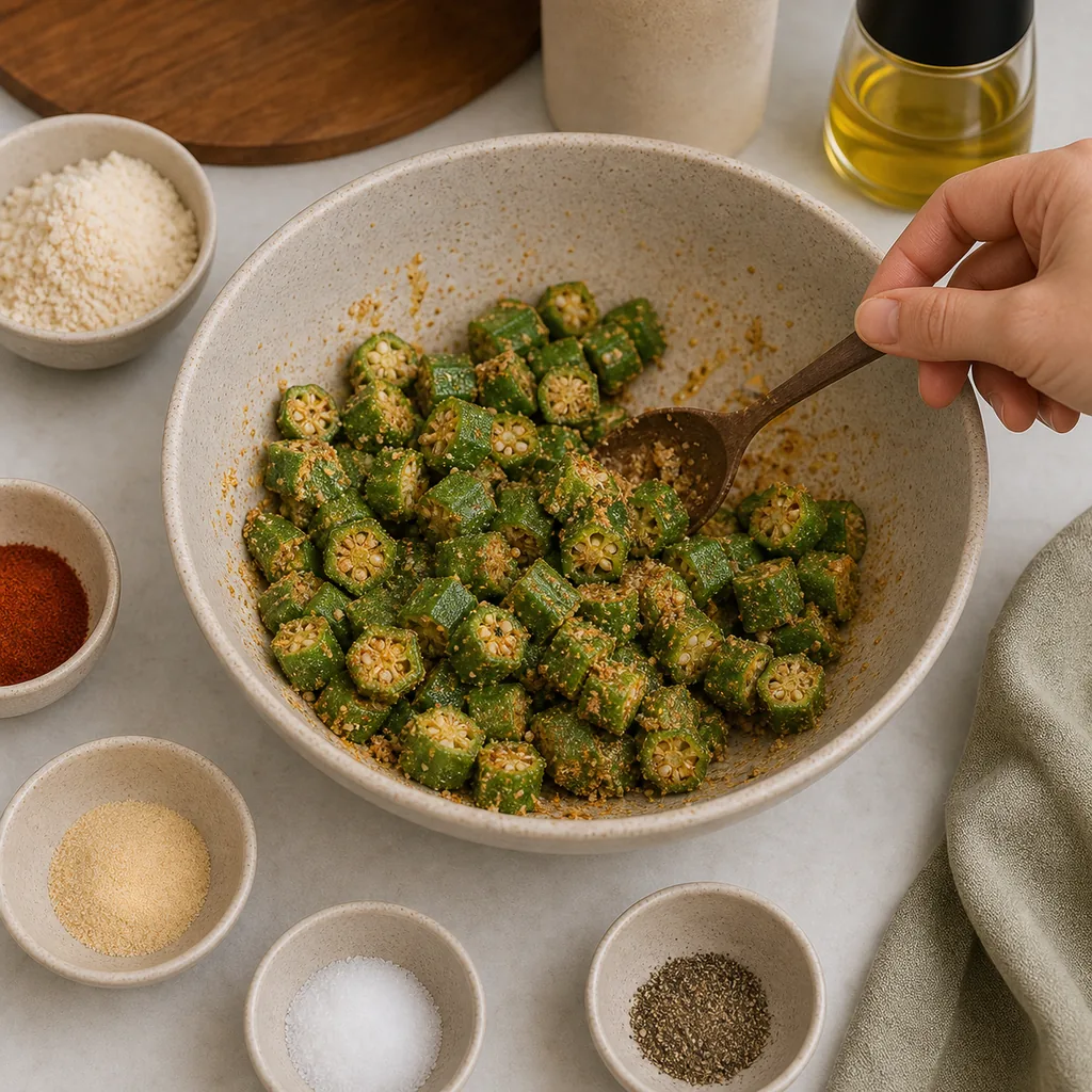 Okra rounds receiving a light almond-flour coating
