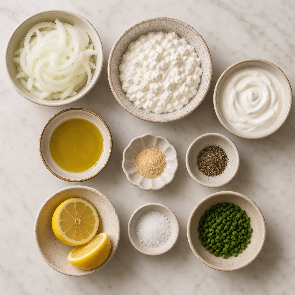Ingredients for cottage cheese French onion dip