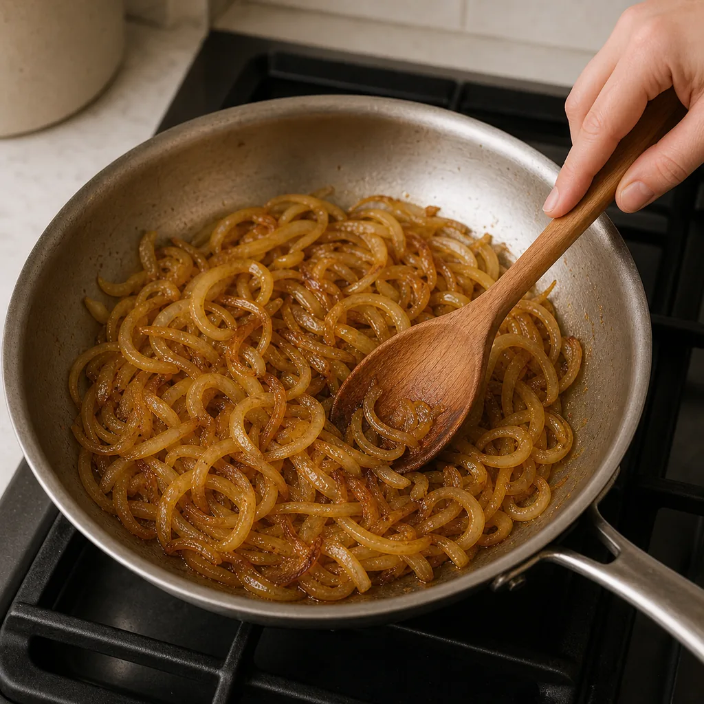 Yellow onions caramelizing slowly to deep gold