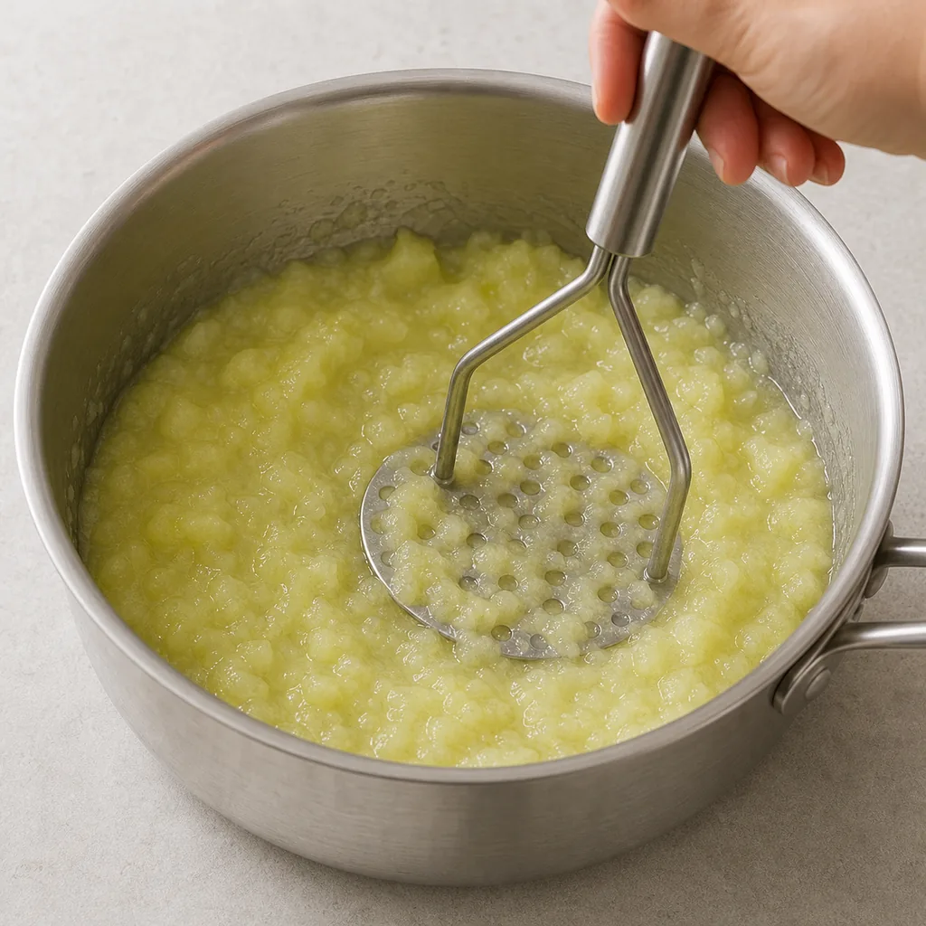 Honeydew jam reducing and being mashed in a saucepan