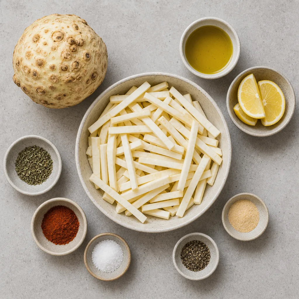 Ingredients and thin celeriac batons for air fryer fries