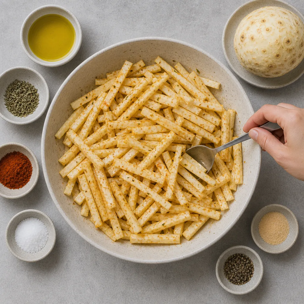 Celery root batons tossed evenly with oil and seasonings
