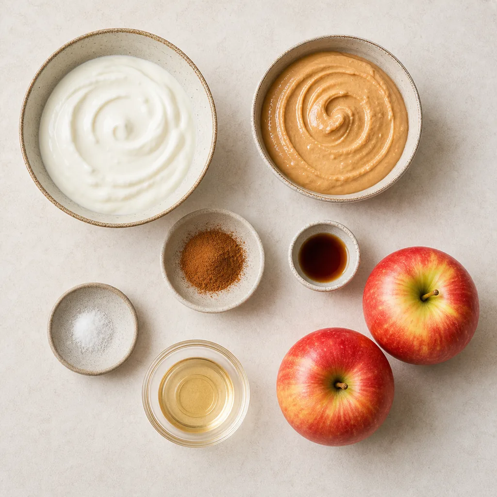 Ingredients for Greek yogurt peanut butter apple dip