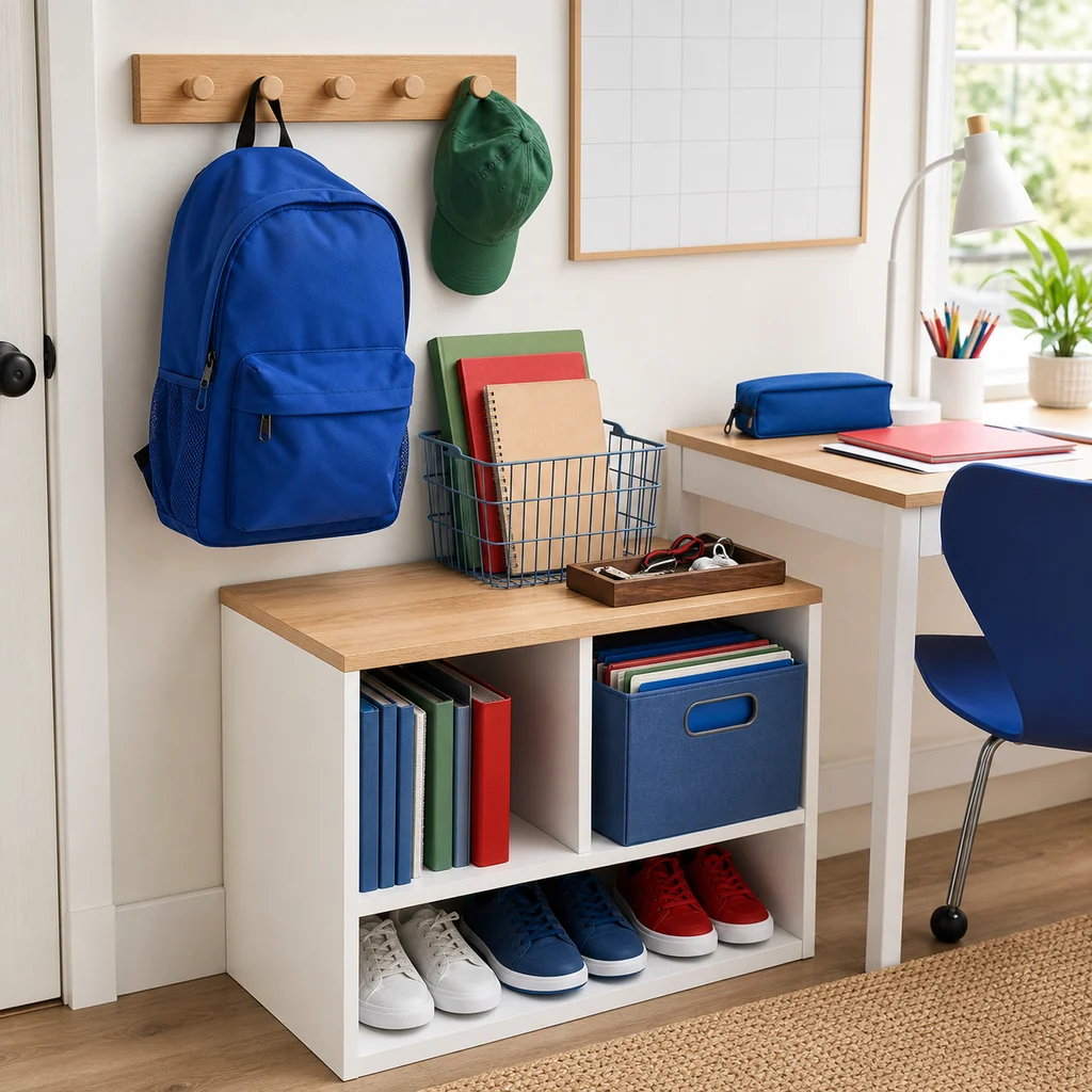 Backpack drop zone beside a teen bedroom desk with hooks, cubbies, folders, shoes, and school supplies
